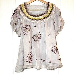 Vintage Sheer Embroidered Blouse Ruffle Collar Boho Tulle Top Fairycore Ethereal